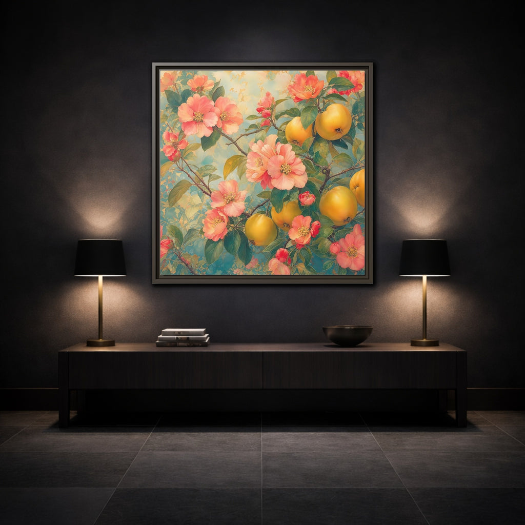 Mockup 3. Floral Quinces Blossoms Pink Quince Floral shown as stretched canvas wall art