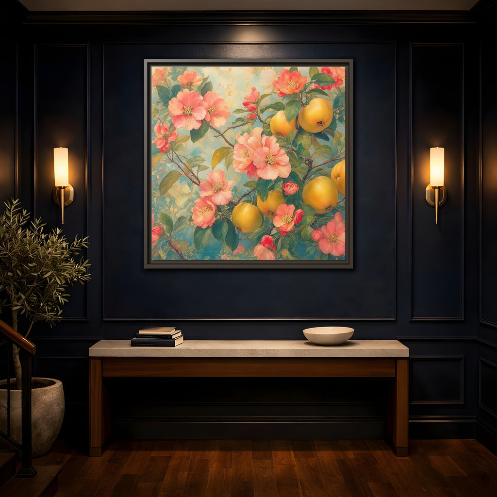 Mockup 4. Floral Quinces Blossoms Pink Quince Floral shown as stretched canvas wall art