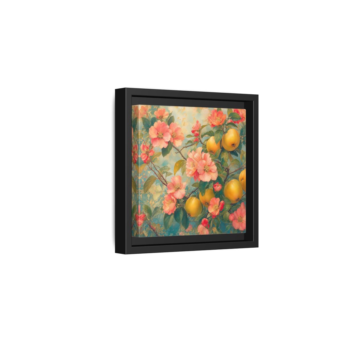 Side Mockup 3. Floral Quinces Blossoms Pink Quince Floral shown as stretched canvas wall art