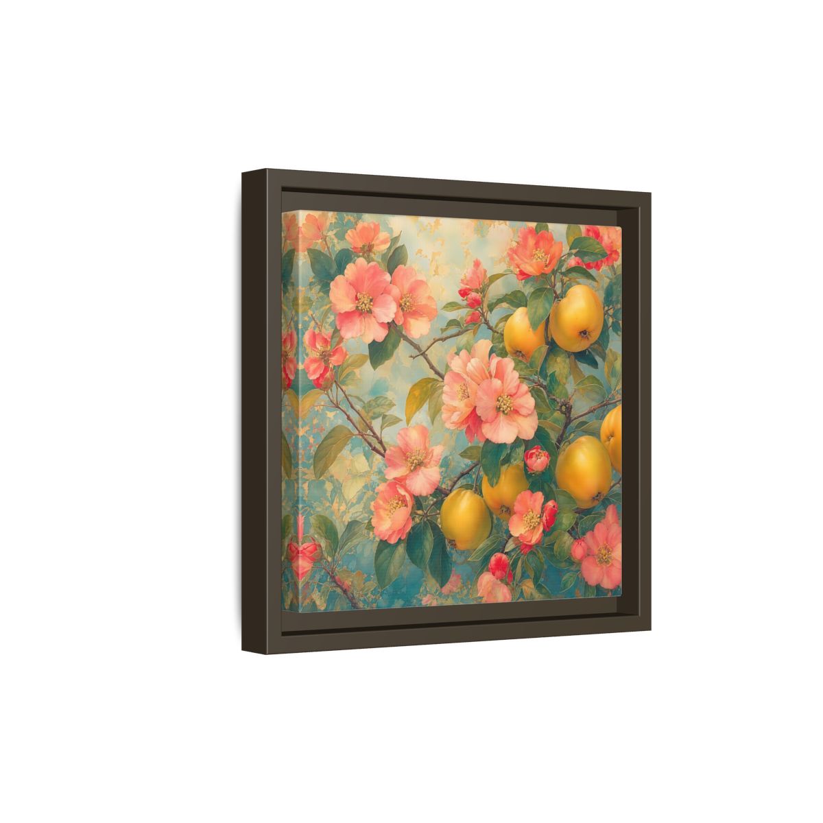 Side Mockup 20. Floral Quinces Blossoms Pink Quince Floral shown as stretched canvas wall art
