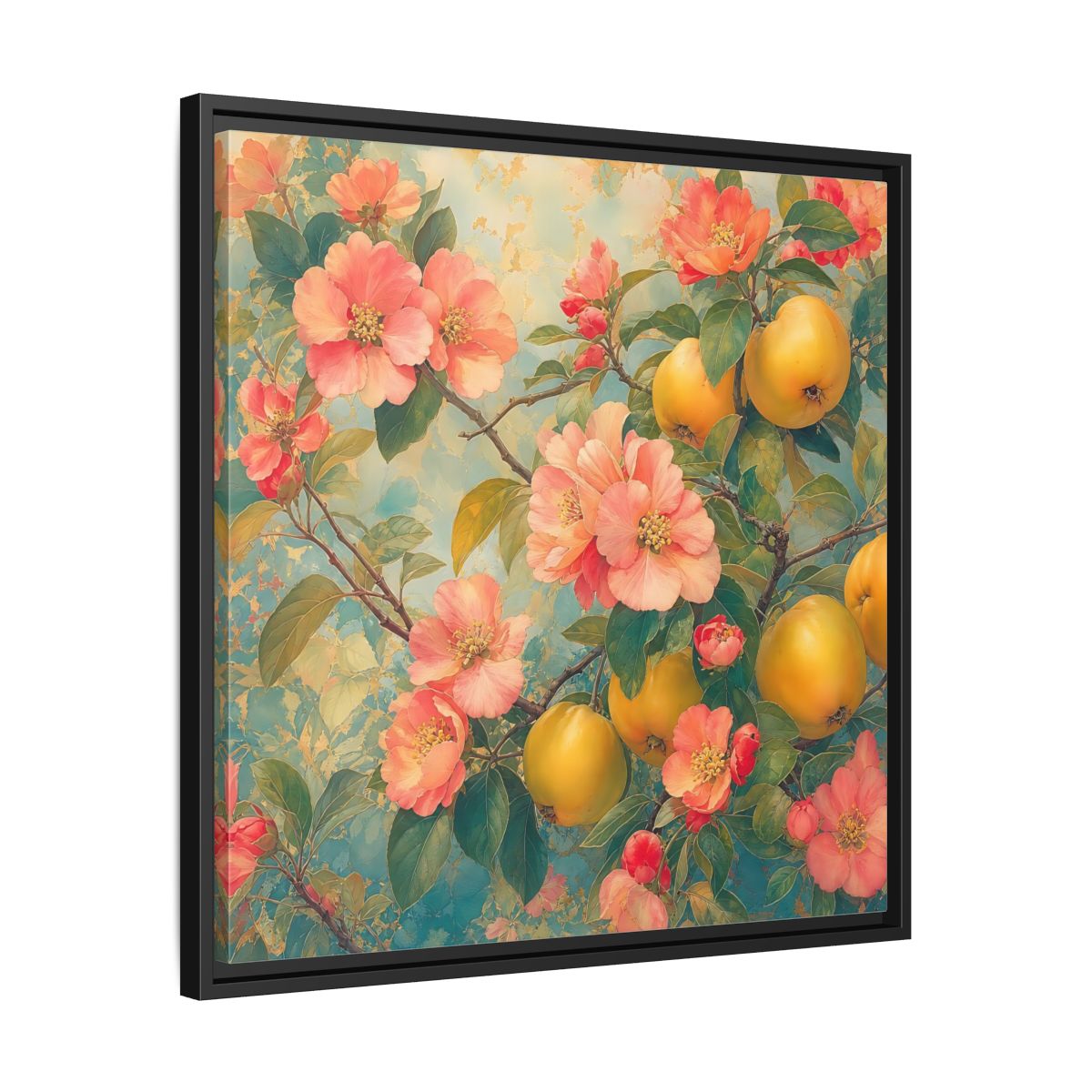 Side Mockup 31. Floral Quinces Blossoms Pink Quince Floral shown as stretched canvas wall art