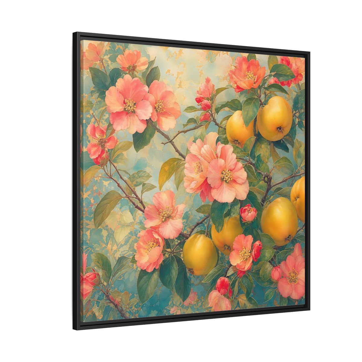Side Mockup 6. Floral Quinces Blossoms Pink Quince Floral shown as stretched canvas wall art