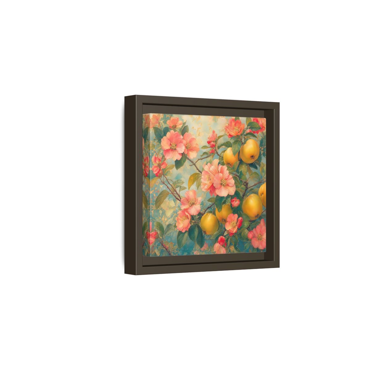 Side Mockup 2. Floral Quinces Blossoms Pink Quince Floral shown as stretched canvas wall art