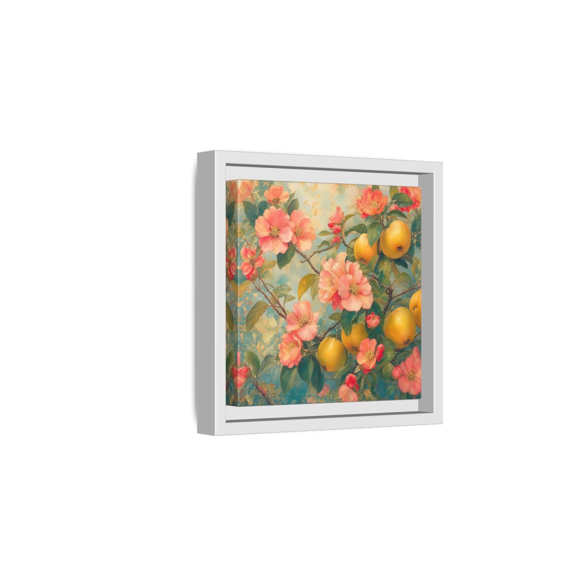 Side Mockup 1. Floral Quinces Blossoms Pink Quince Floral shown as stretched canvas wall art