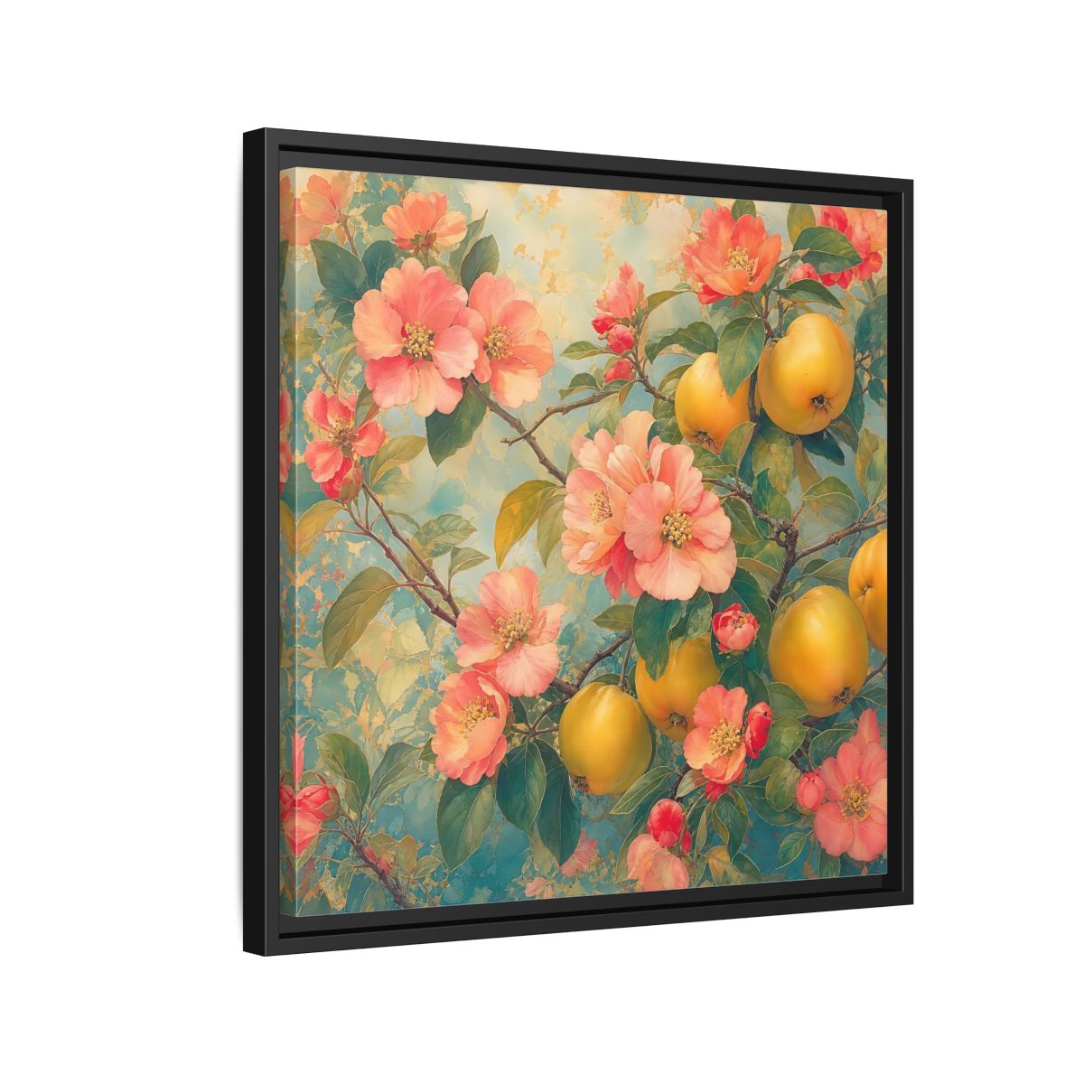 Side Mockup 12. Floral Quinces Blossoms Pink Quince Floral shown as stretched canvas wall art