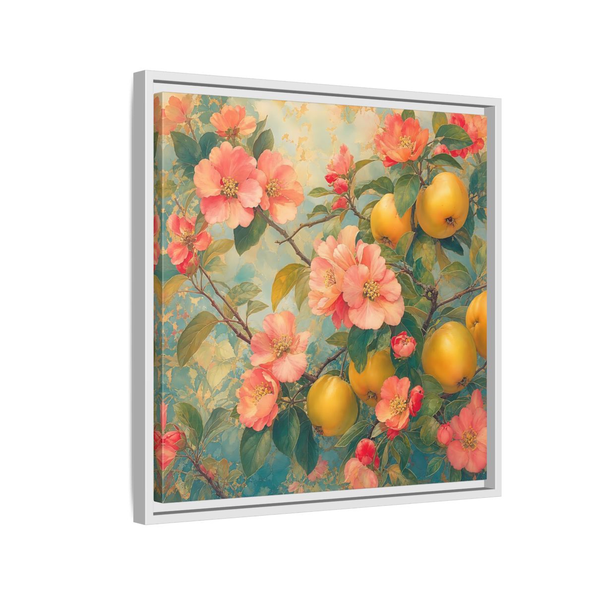 Side Mockup 10. Floral Quinces Blossoms Pink Quince Floral shown as stretched canvas wall art