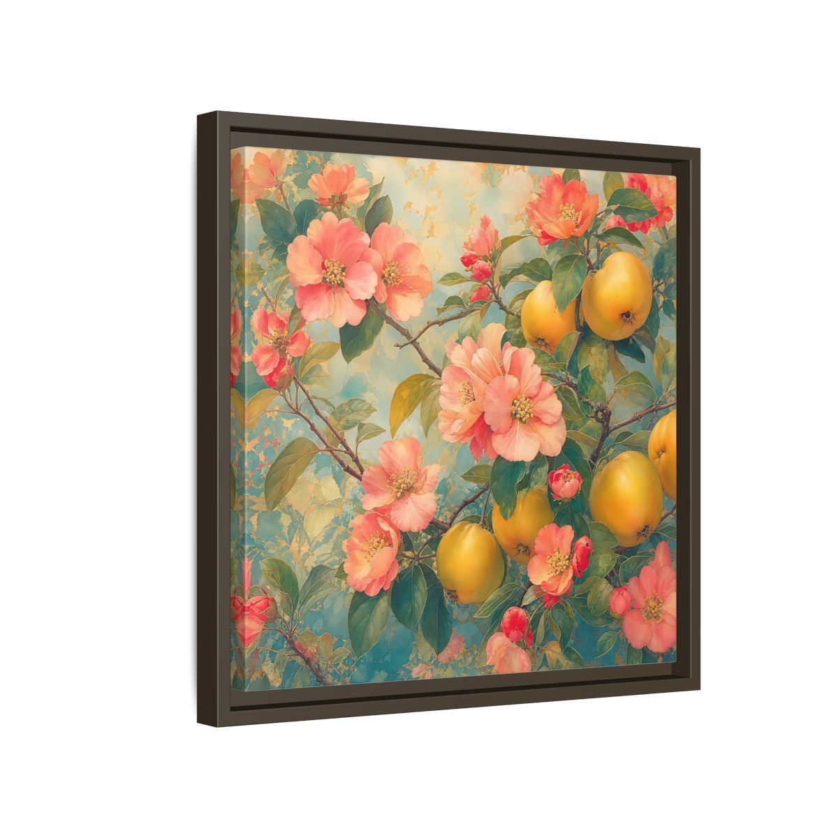 Side Mockup 14. Floral Quinces Blossoms Pink Quince Floral shown as stretched canvas wall art
