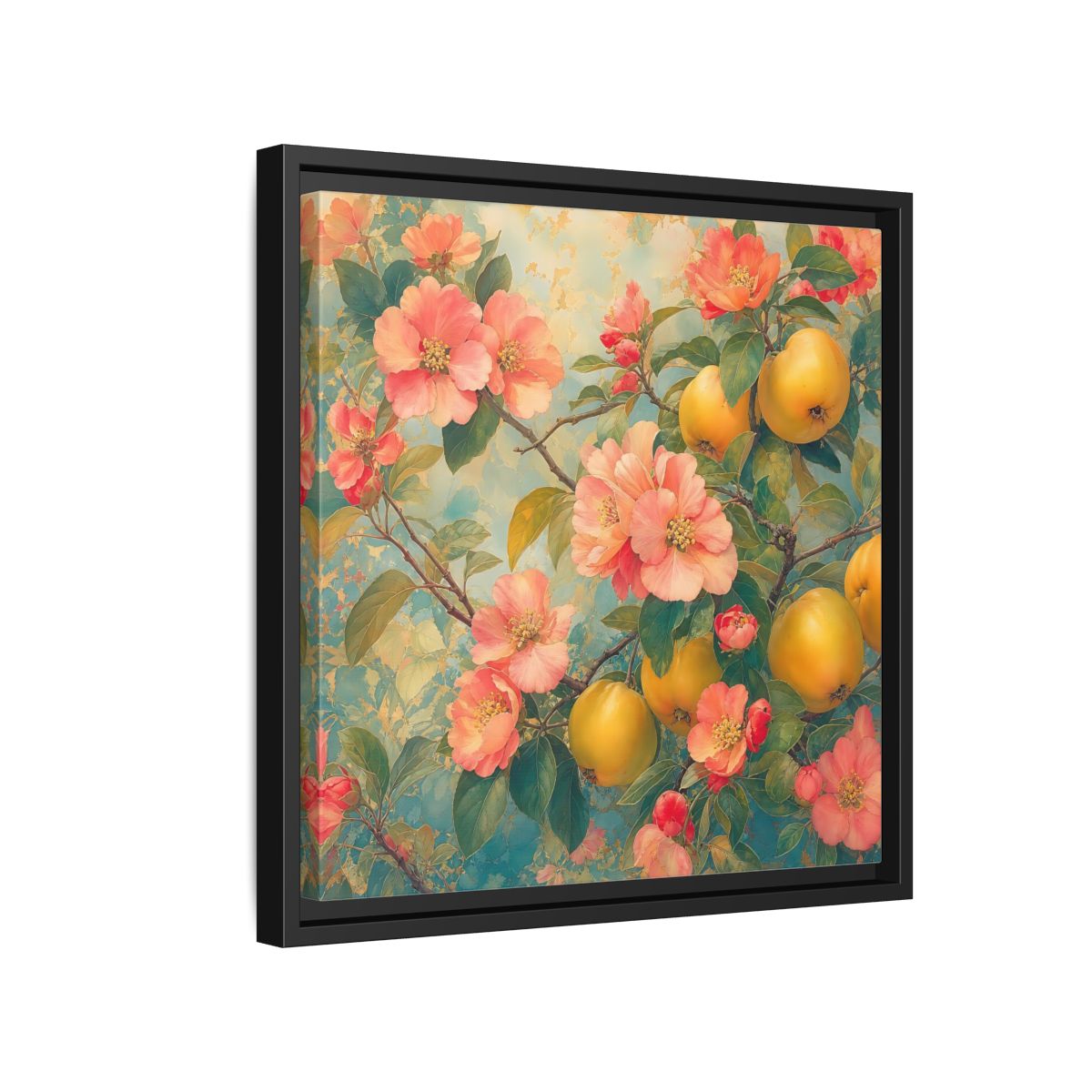 Side Mockup 15. Floral Quinces Blossoms Pink Quince Floral shown as stretched canvas wall art