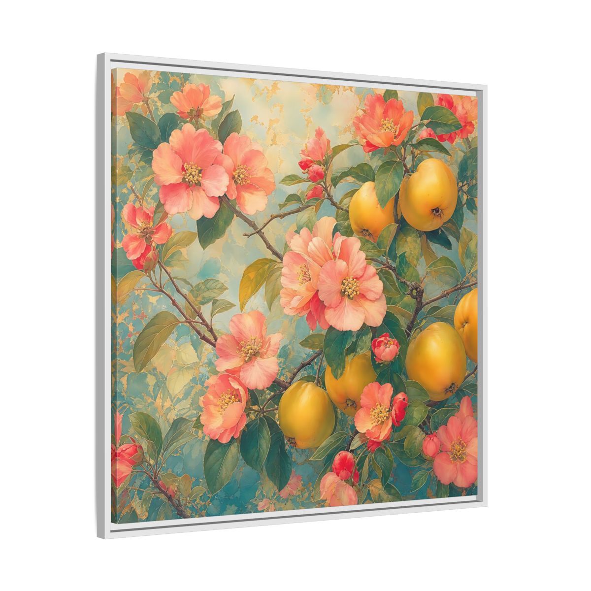Side Mockup 25. Floral Quinces Blossoms Pink Quince Floral shown as stretched canvas wall art