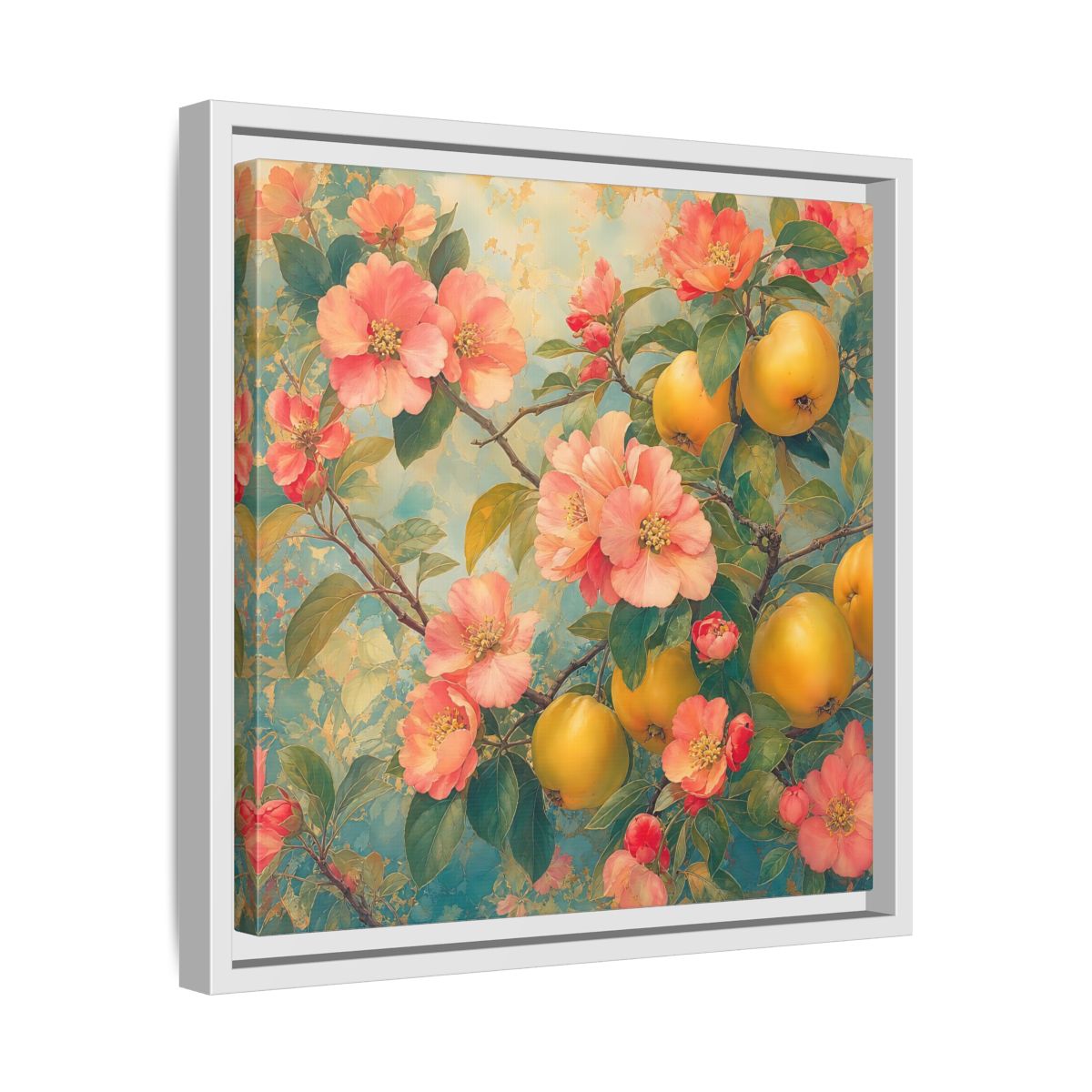 Side Mockup 28. Floral Quinces Blossoms Pink Quince Floral shown as stretched canvas wall art