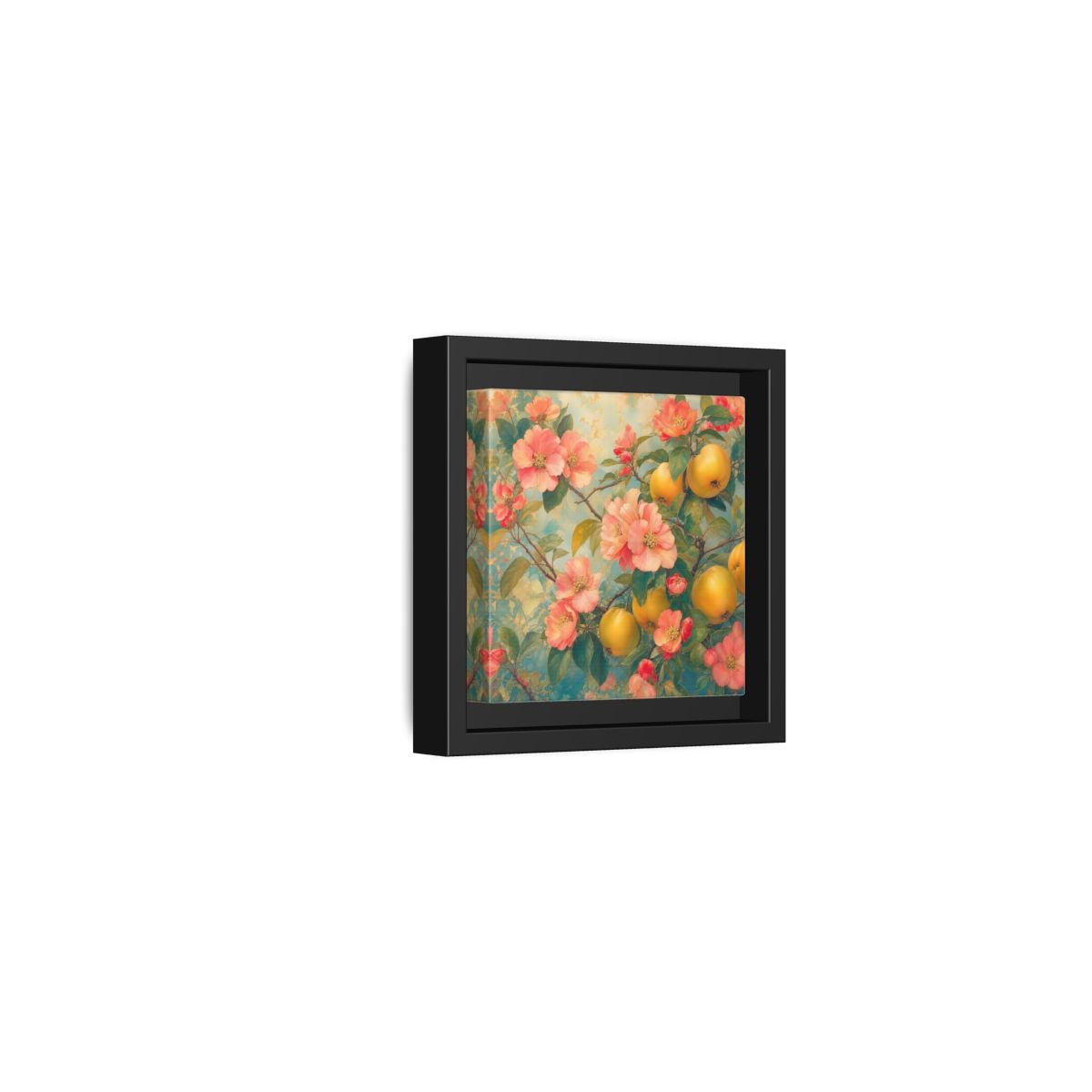 Side Mockup 24. Floral Quinces Blossoms Pink Quince Floral shown as stretched canvas wall art