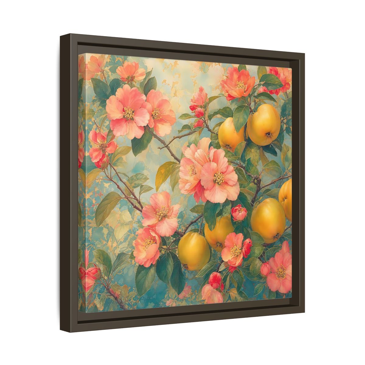 Side Mockup 29. Floral Quinces Blossoms Pink Quince Floral shown as stretched canvas wall art