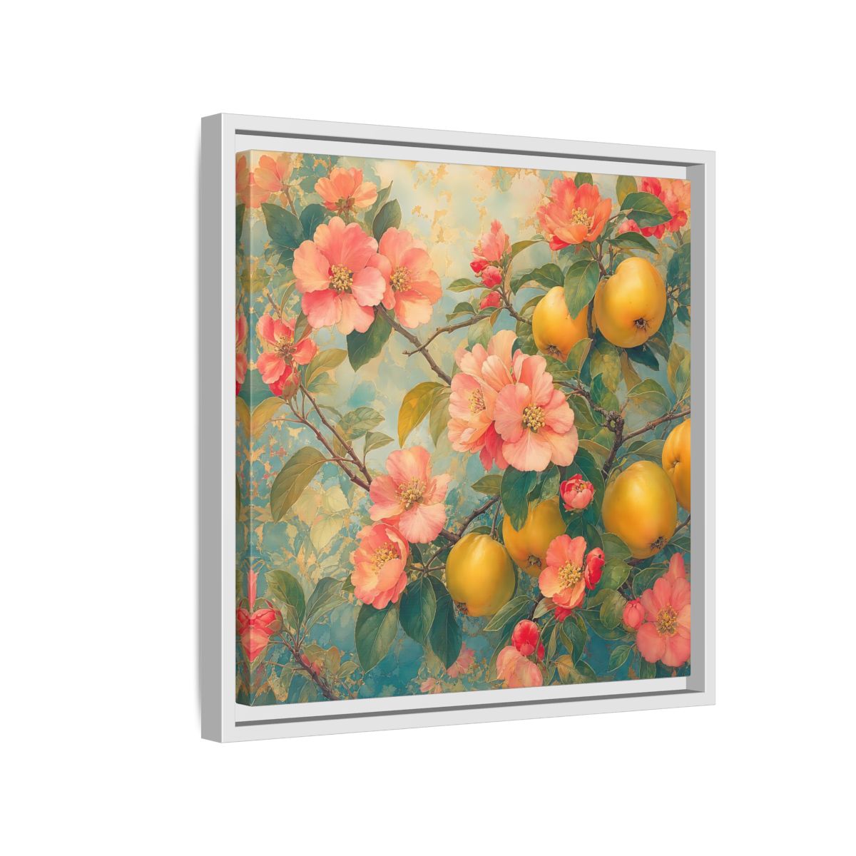 Side Mockup 13. Floral Quinces Blossoms Pink Quince Floral shown as stretched canvas wall art