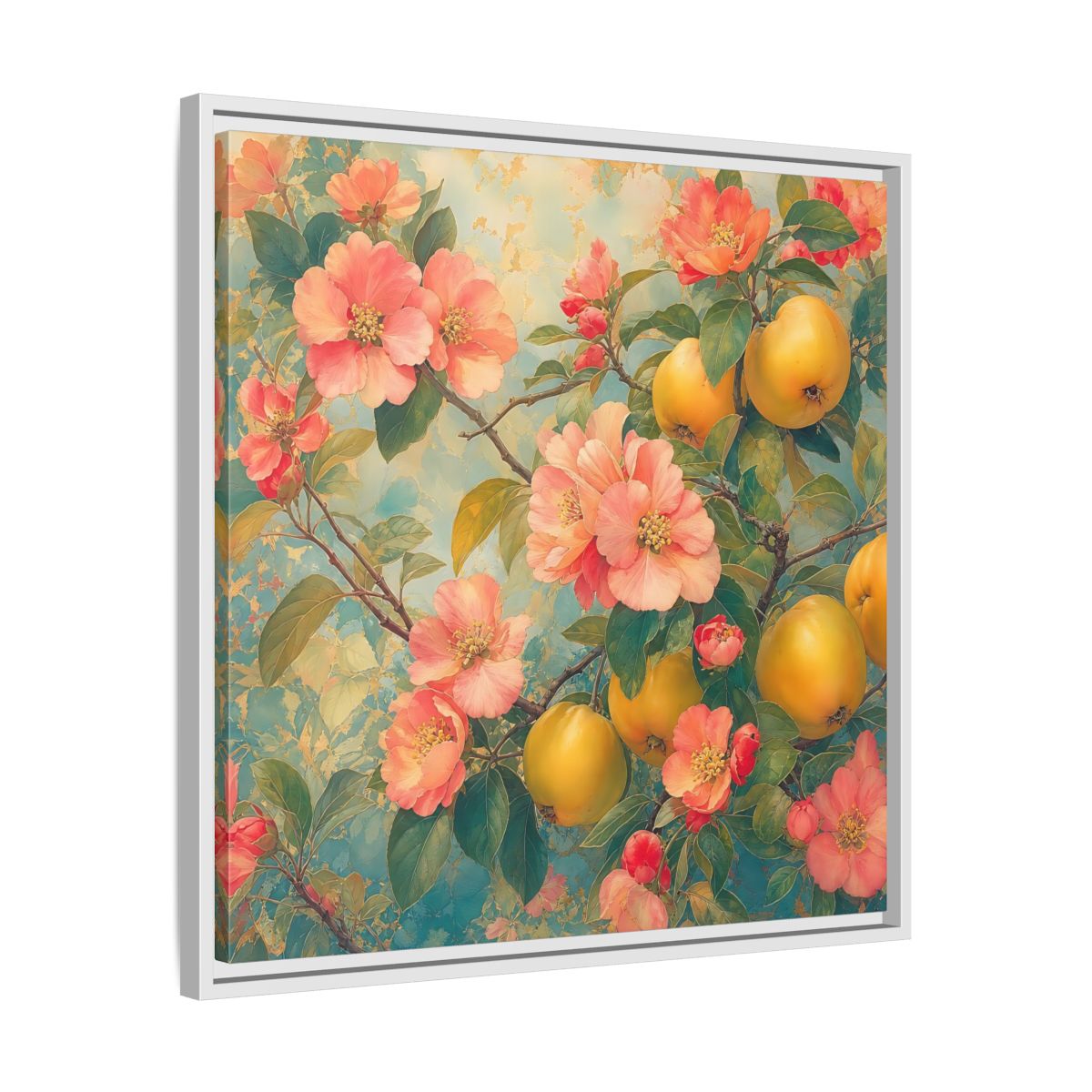 Side Mockup 26. Floral Quinces Blossoms Pink Quince Floral shown as stretched canvas wall art