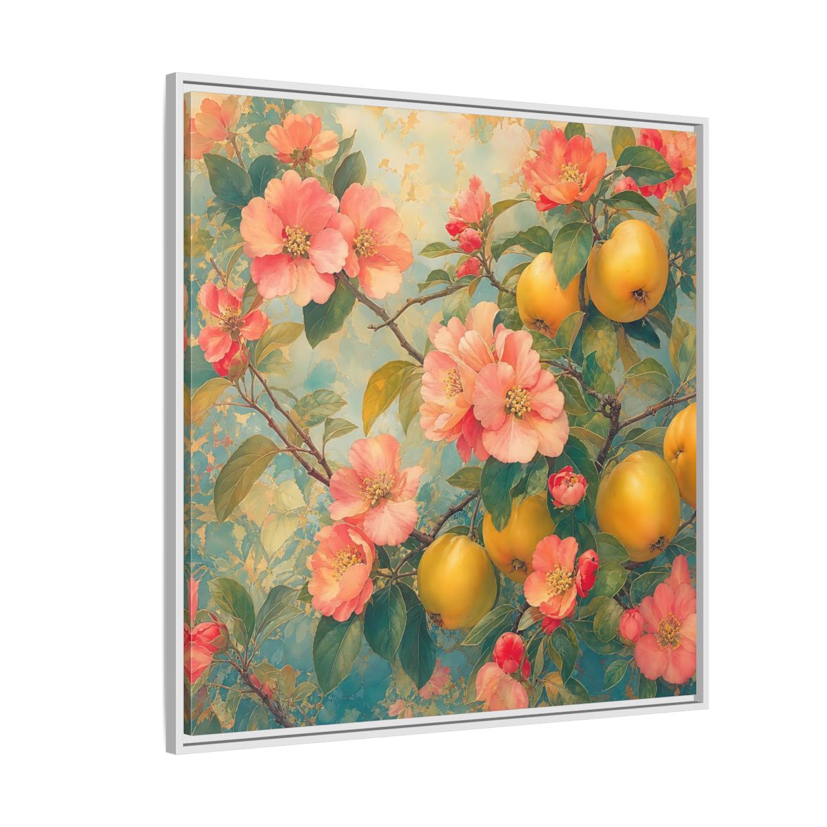 Side Mockup 4. Floral Quinces Blossoms Pink Quince Floral shown as stretched canvas wall art