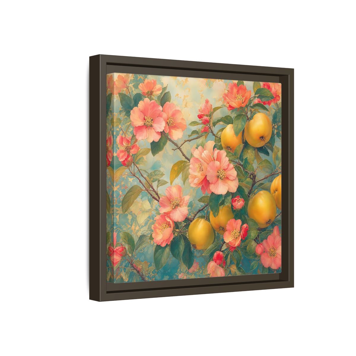 Side Mockup 17. Floral Quinces Blossoms Pink Quince Floral shown as stretched canvas wall art