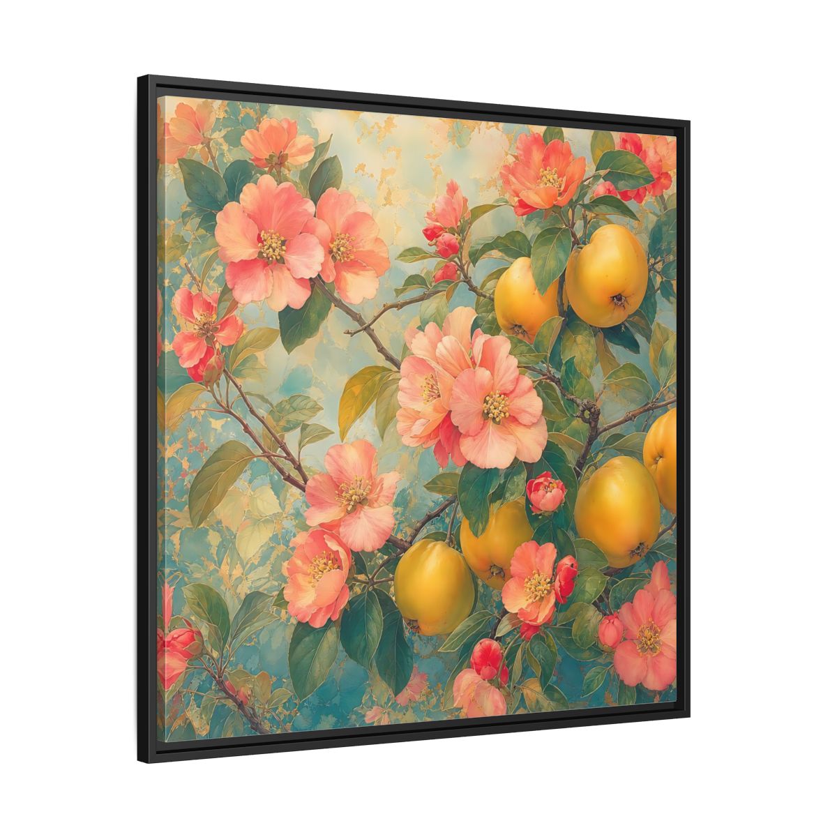Side Mockup 30. Floral Quinces Blossoms Pink Quince Floral shown as stretched canvas wall art