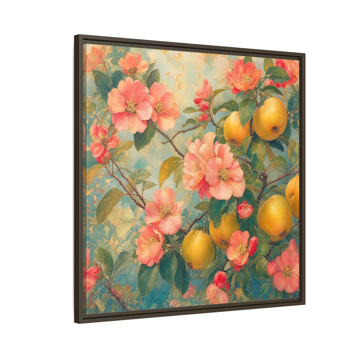 Side Mockup 8. Floral Quinces Blossoms Pink Quince Floral shown as stretched canvas wall art