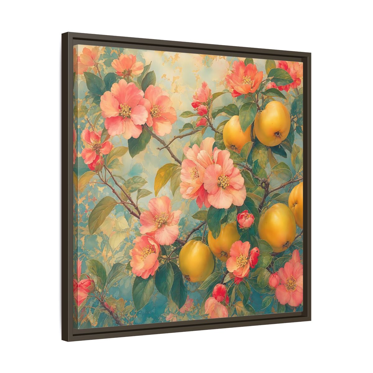 Side Mockup 27. Floral Quinces Blossoms Pink Quince Floral shown as stretched canvas wall art