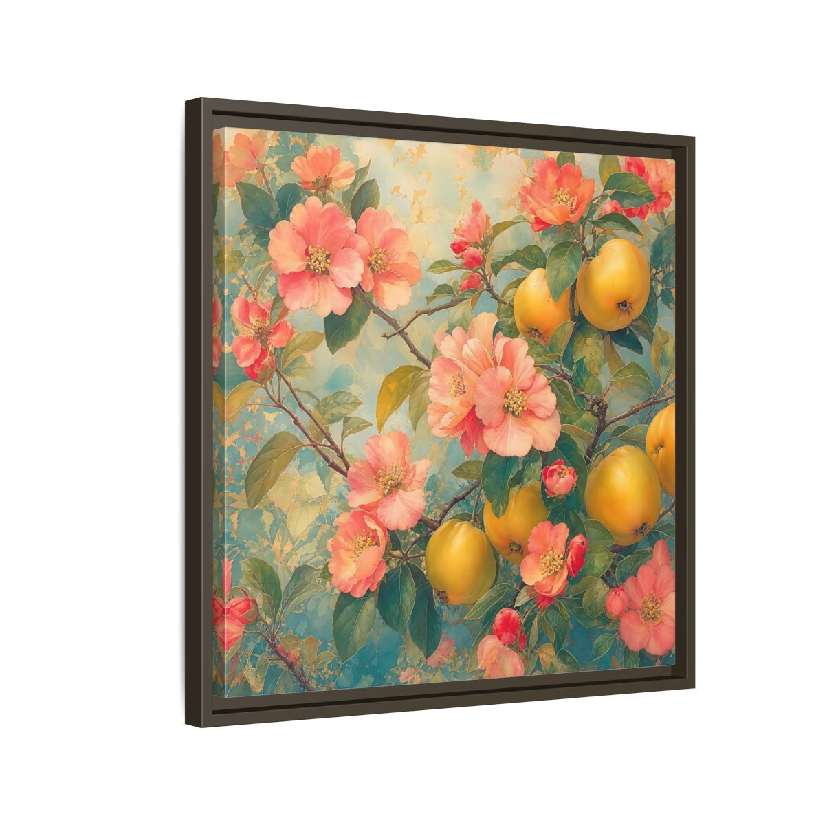 Side Mockup 11. Floral Quinces Blossoms Pink Quince Floral shown as stretched canvas wall art
