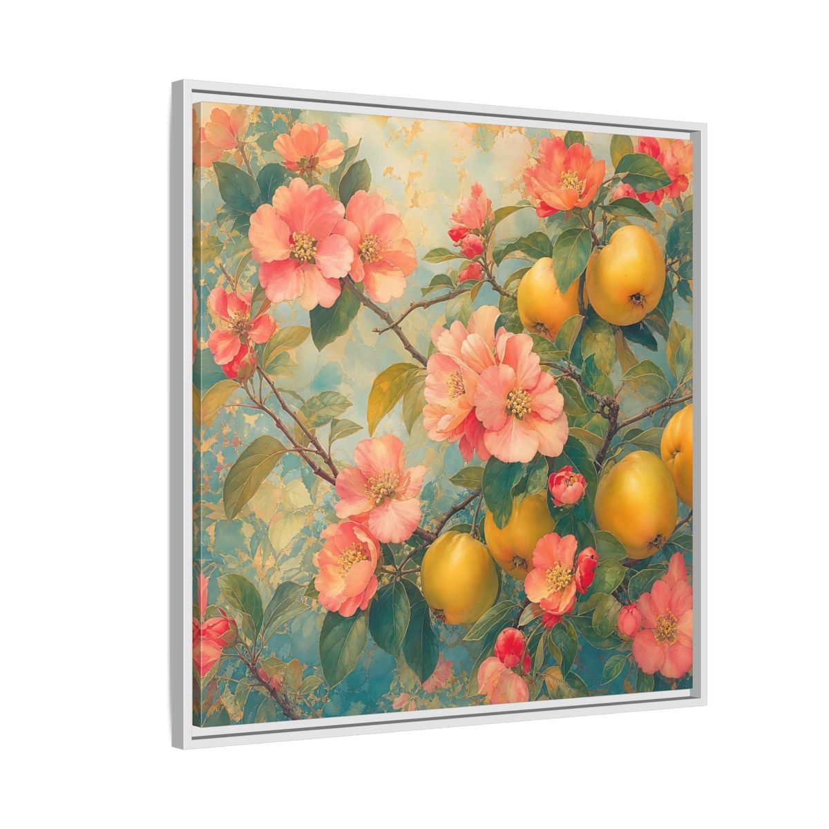 Side Mockup 7. Floral Quinces Blossoms Pink Quince Floral shown as stretched canvas wall art