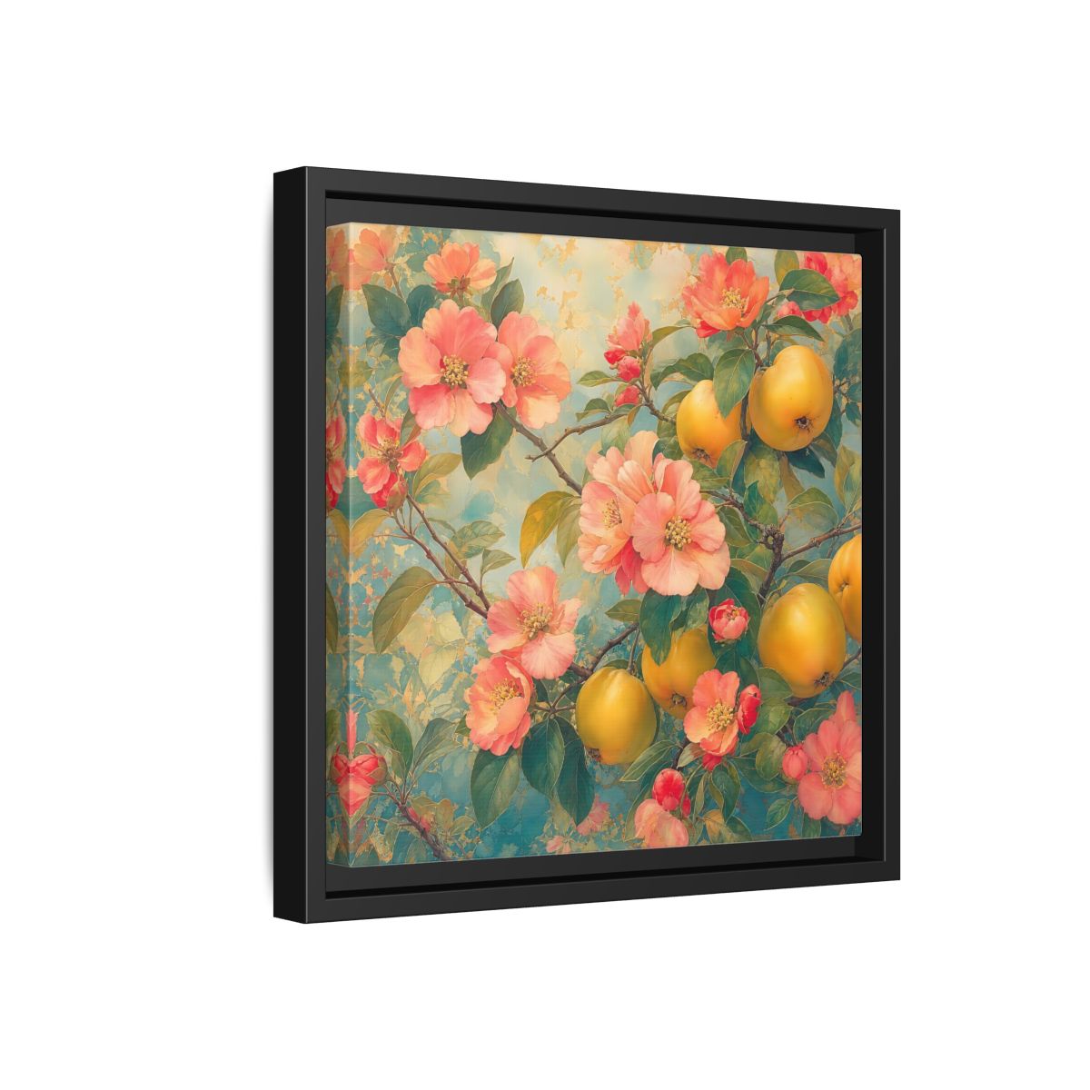 Side Mockup 18. Floral Quinces Blossoms Pink Quince Floral shown as stretched canvas wall art