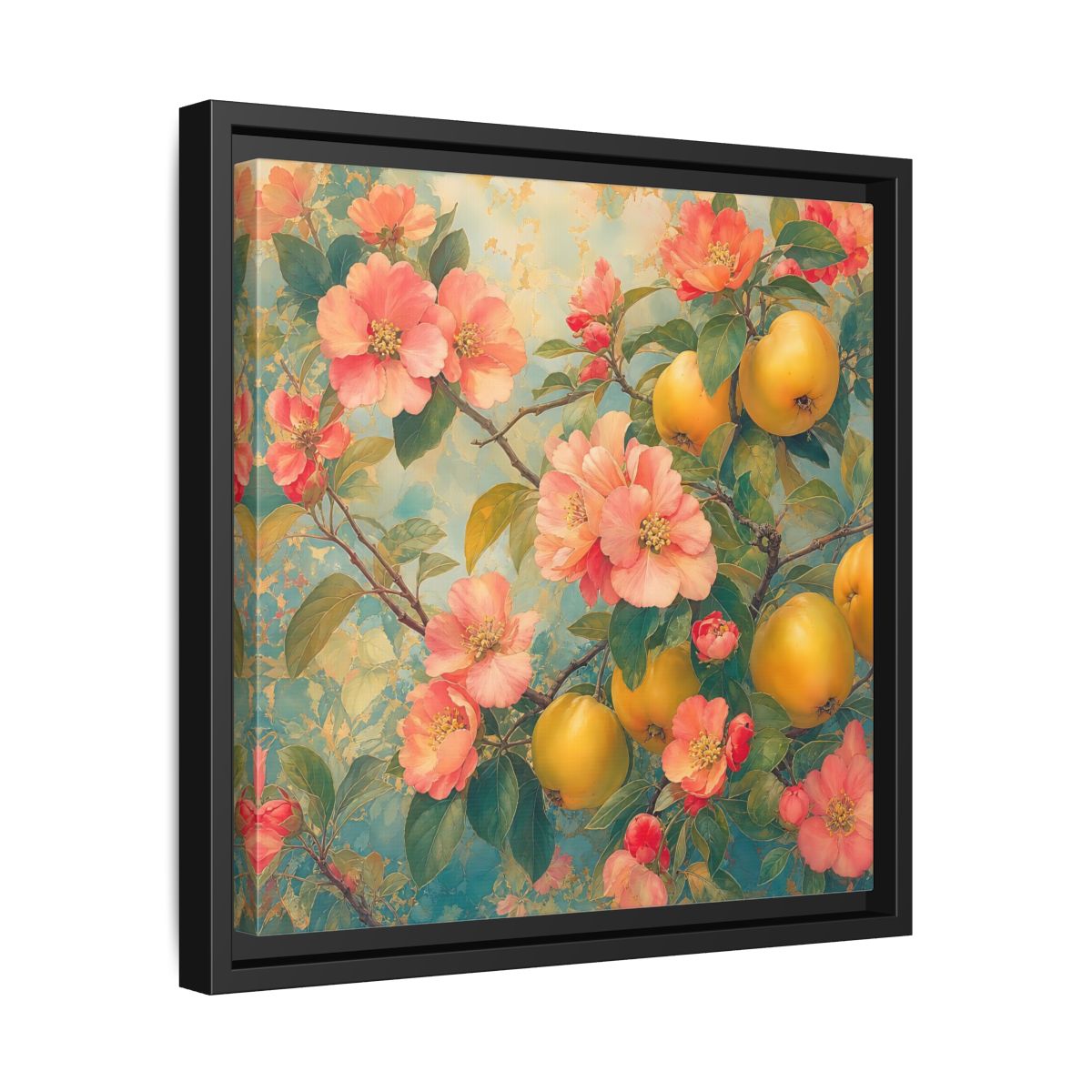 Side Mockup 32. Floral Quinces Blossoms Pink Quince Floral shown as stretched canvas wall art