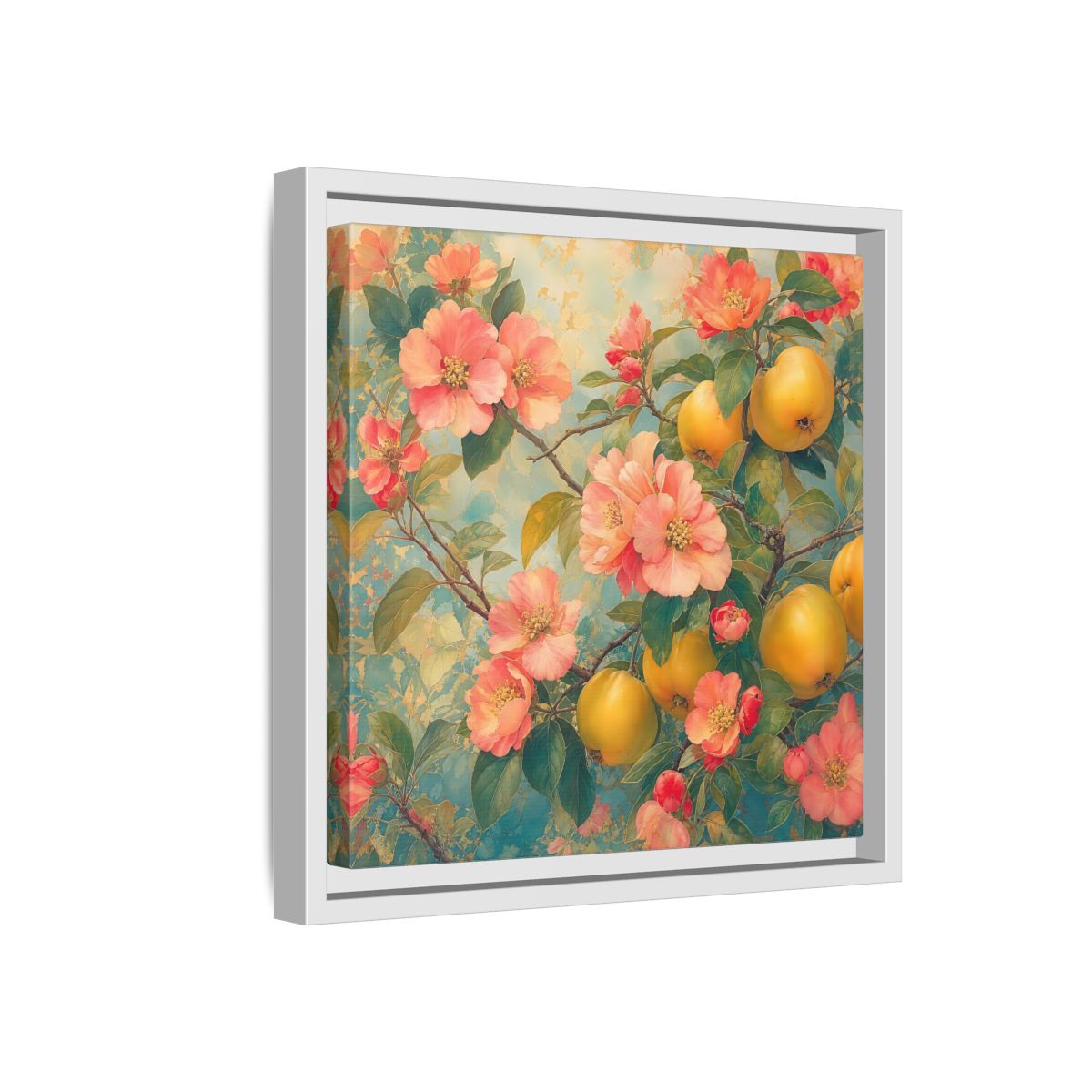 Side Mockup 16. Floral Quinces Blossoms Pink Quince Floral shown as stretched canvas wall art