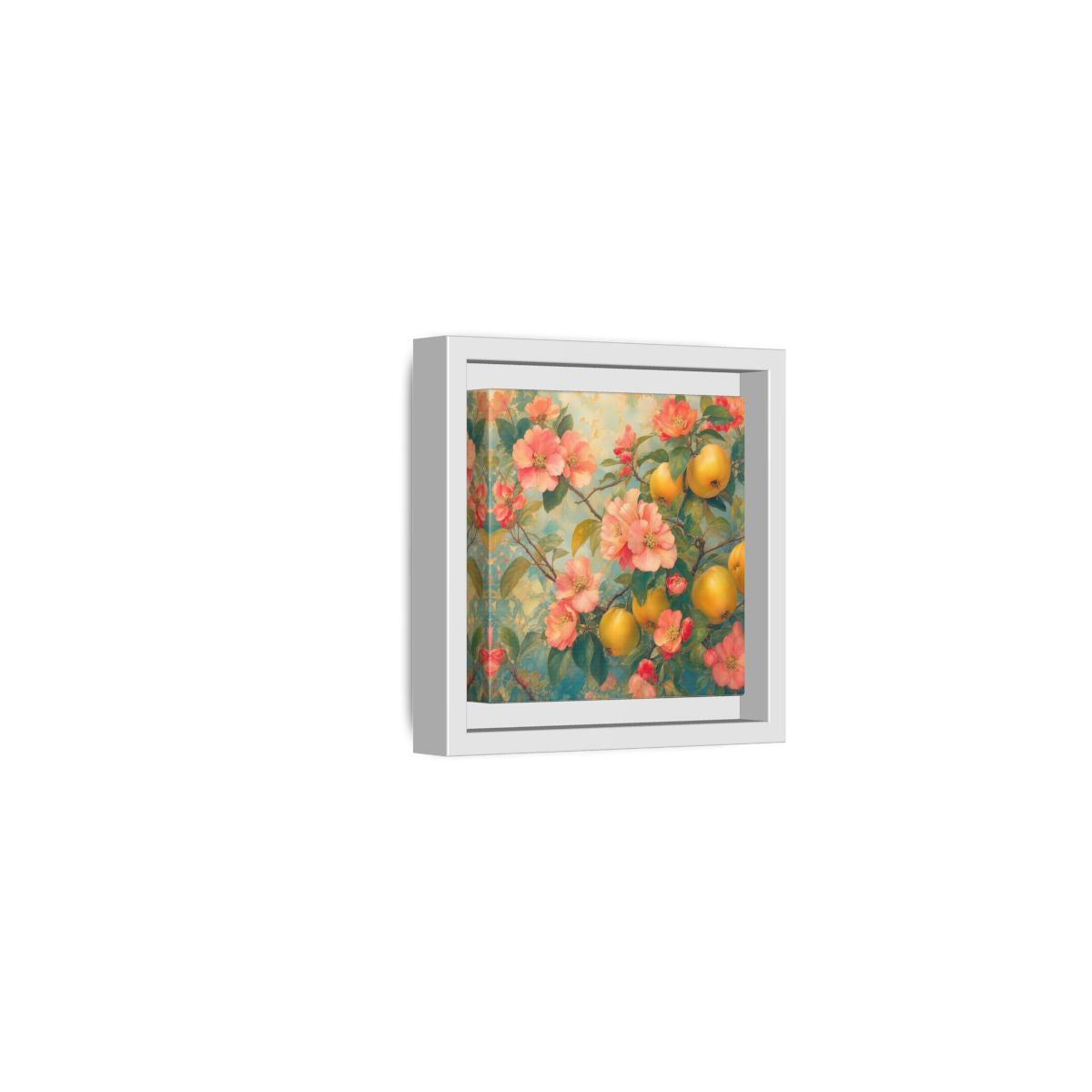 Side Mockup 22. Floral Quinces Blossoms Pink Quince Floral shown as stretched canvas wall art