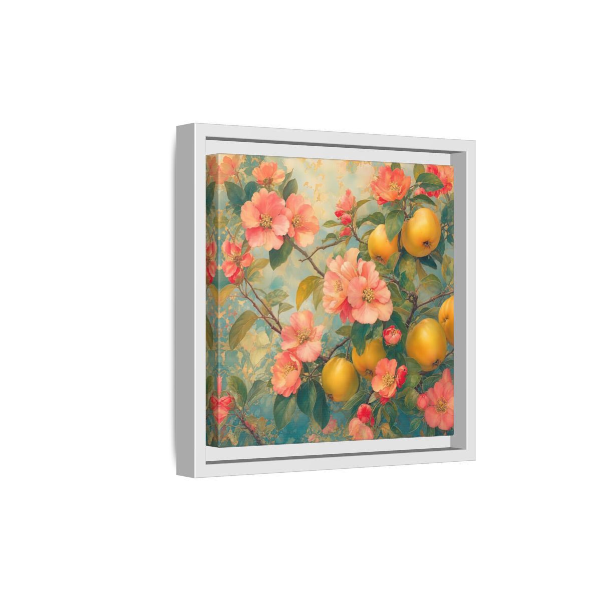Side Mockup 19. Floral Quinces Blossoms Pink Quince Floral shown as stretched canvas wall art