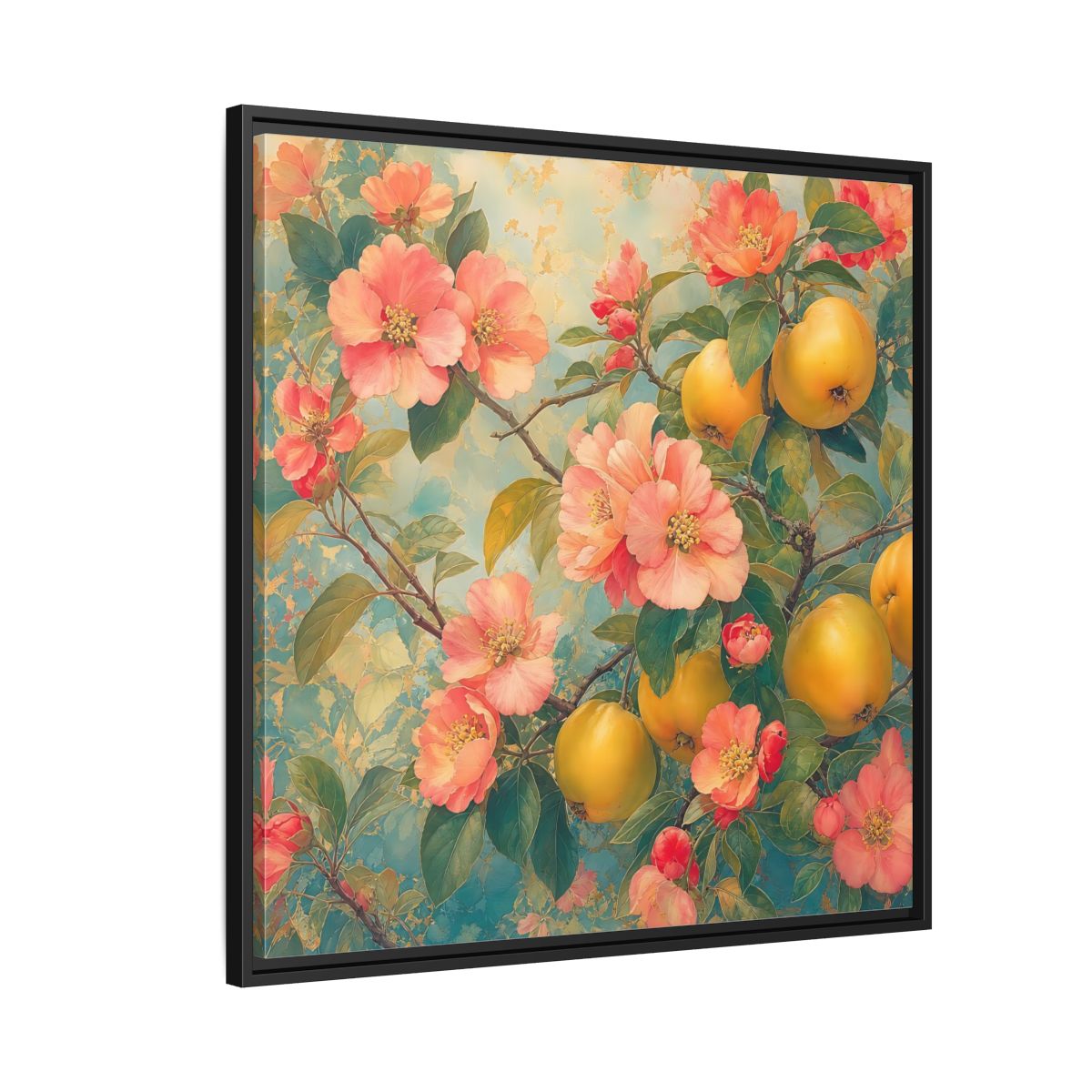 Side Mockup 9. Floral Quinces Blossoms Pink Quince Floral shown as stretched canvas wall art