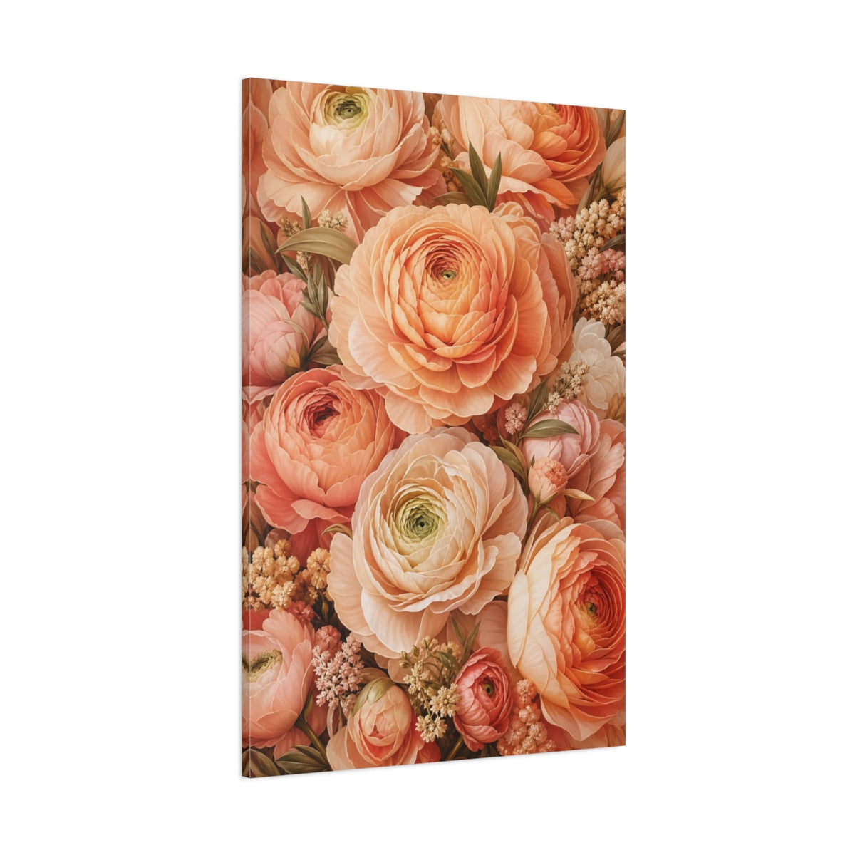 Side Mockup 1. Floral Ranunculus Flowers Peach Floral shown as stretched canvas wall art
