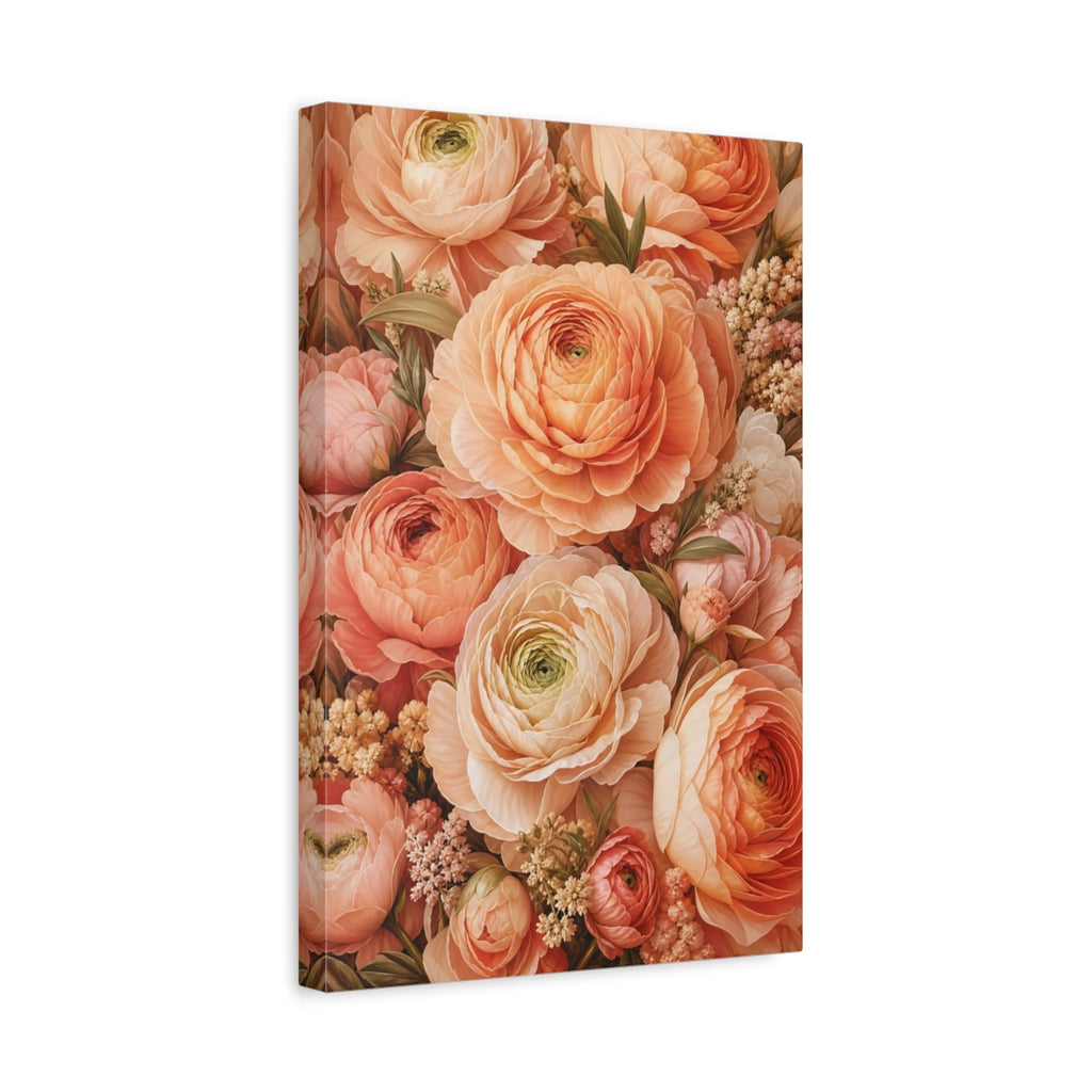 Side Mockup 4. Floral Ranunculus Flowers Peach Floral shown as stretched canvas wall art