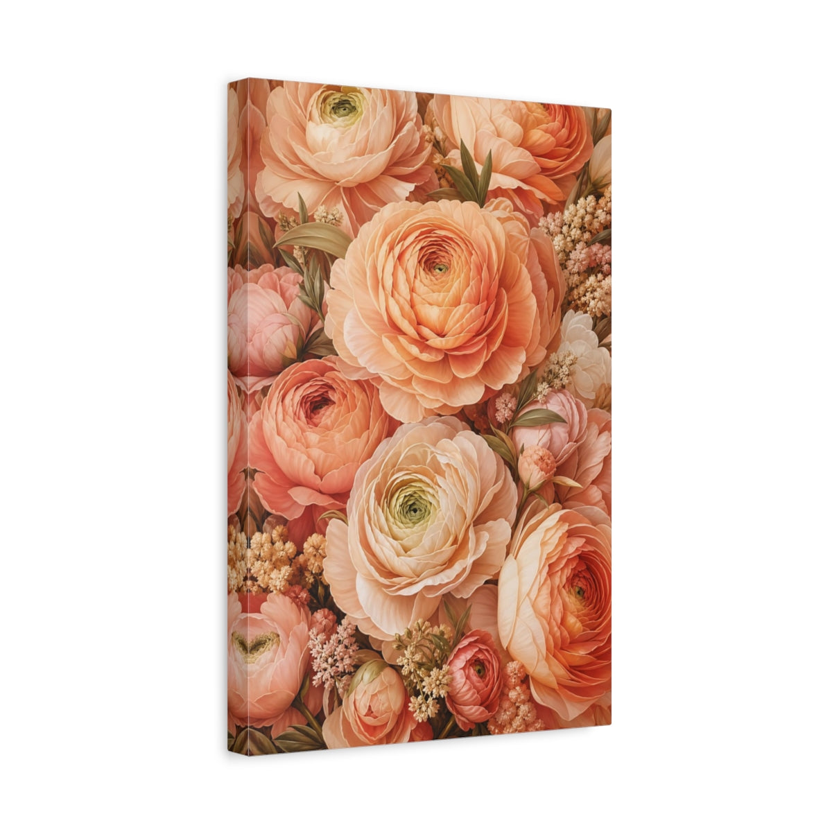 Side Mockup 4. Floral Ranunculus Flowers Peach Floral shown as stretched canvas wall art