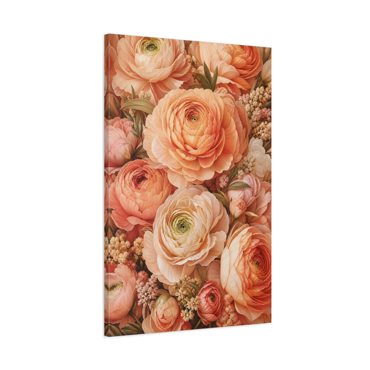 Main Mockup. Floral Ranunculus Flowers Peach Floral shown as stretched canvas wall art