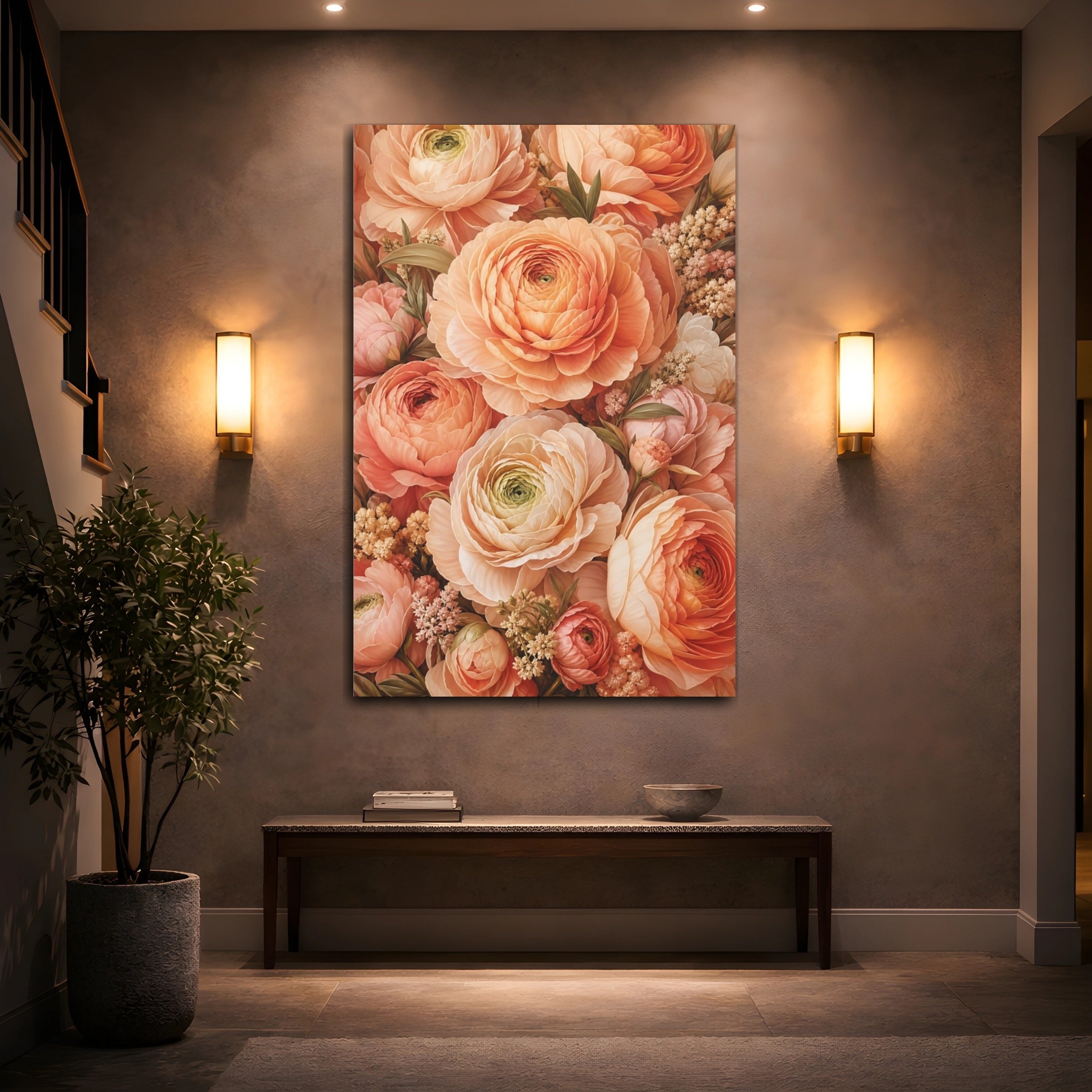 Mockup 2. Floral Ranunculus Flowers Peach Floral shown as stretched canvas wall art