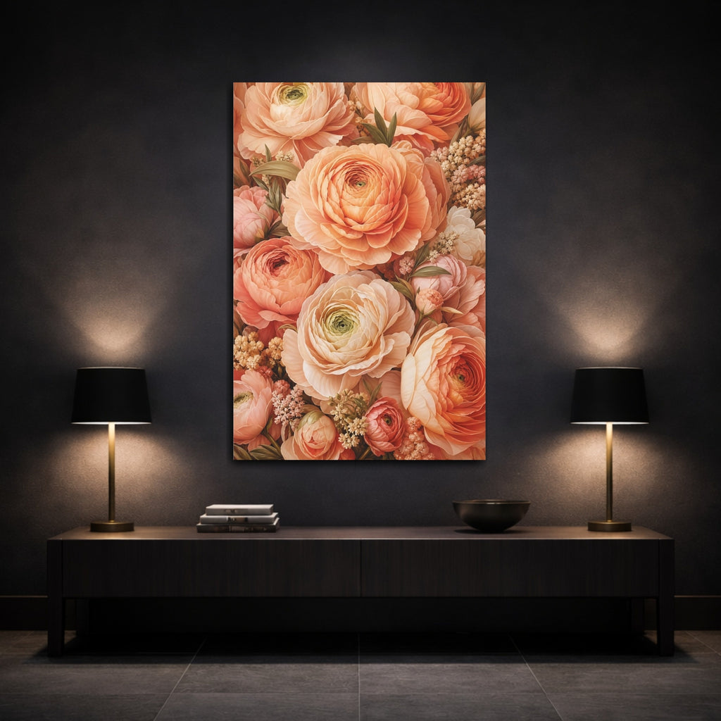 Mockup 3. Floral Ranunculus Flowers Peach Floral shown as stretched canvas wall art