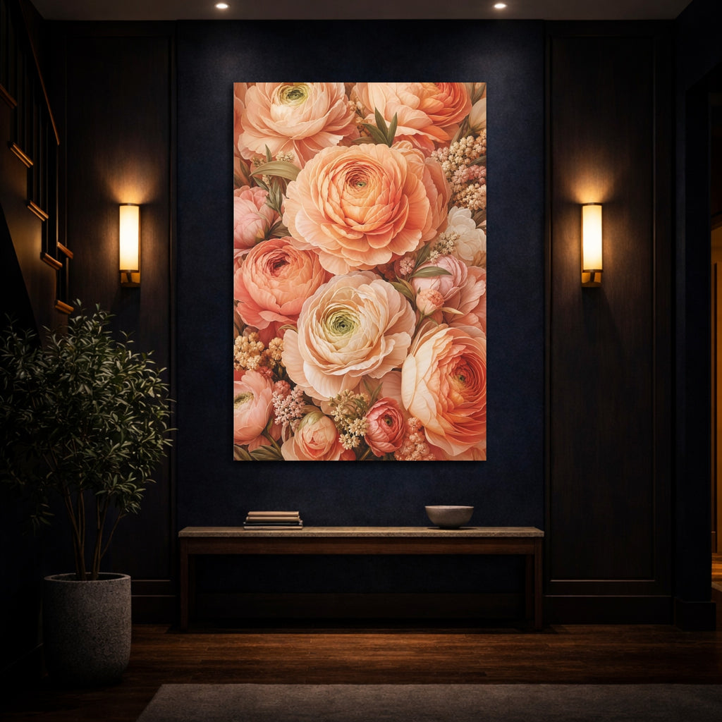Mockup 4. Floral Ranunculus Flowers Peach Floral shown as stretched canvas wall art