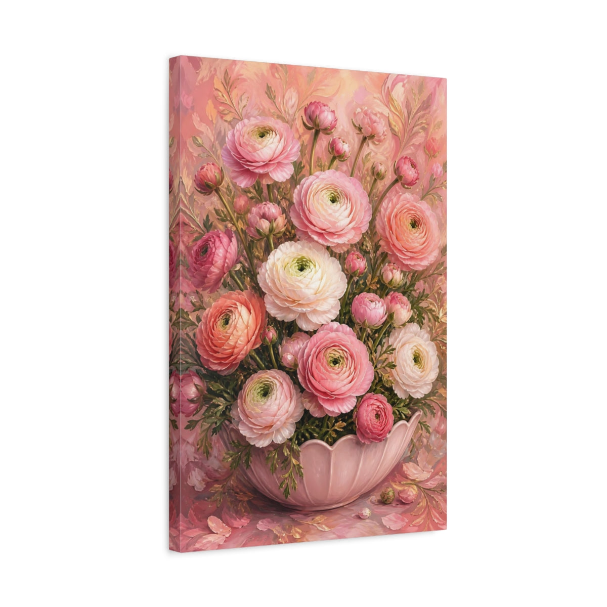 Side Mockup 3. Floral Ranunculus Flowers Pink Floral Bouquet shown as stretched canvas wall art