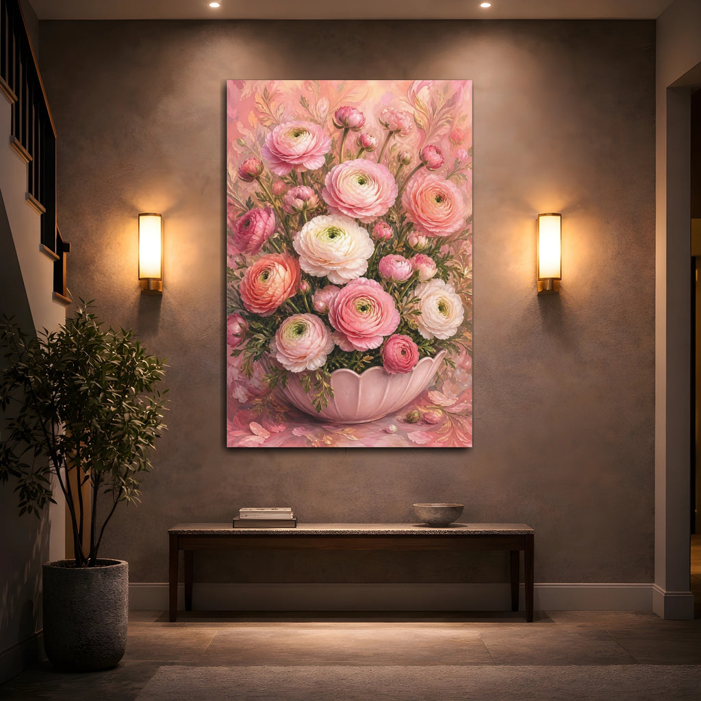 Mockup 2. Floral Ranunculus Flowers Pink Floral Bouquet shown as stretched canvas wall art