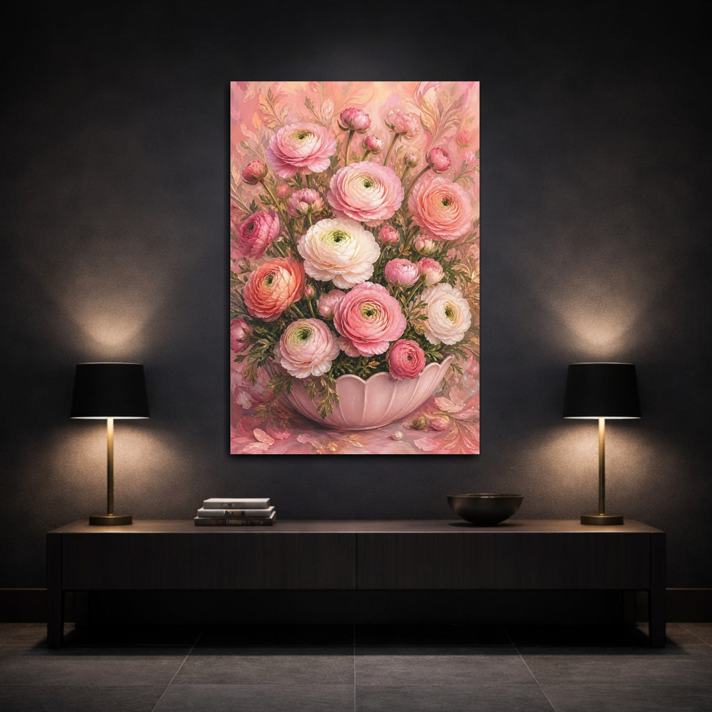 Mockup 3. Floral Ranunculus Flowers Pink Floral Bouquet shown as stretched canvas wall art