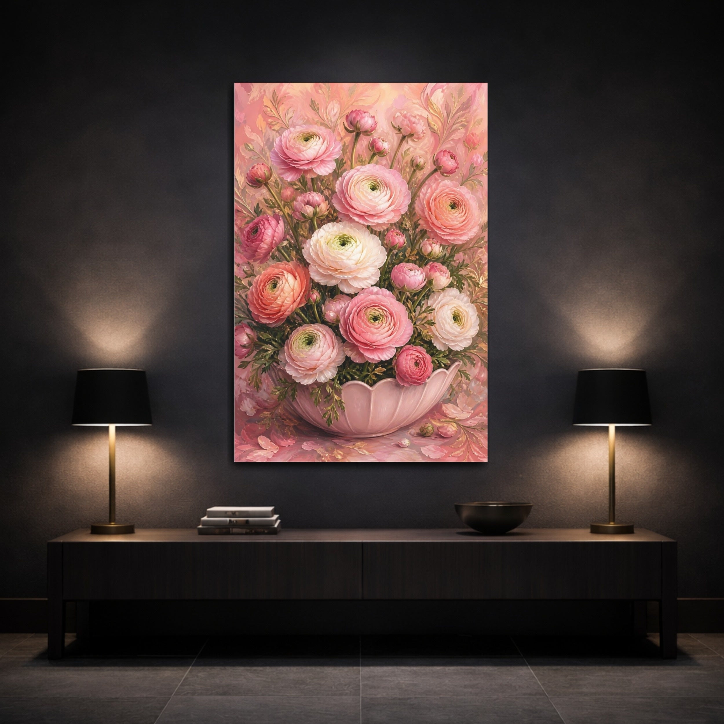 Mockup 3. Floral Ranunculus Flowers Pink Floral Bouquet shown as stretched canvas wall art