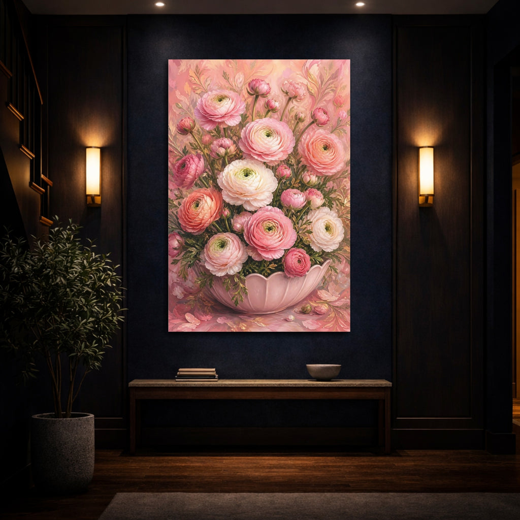 Mockup 4. Floral Ranunculus Flowers Pink Floral Bouquet shown as stretched canvas wall art