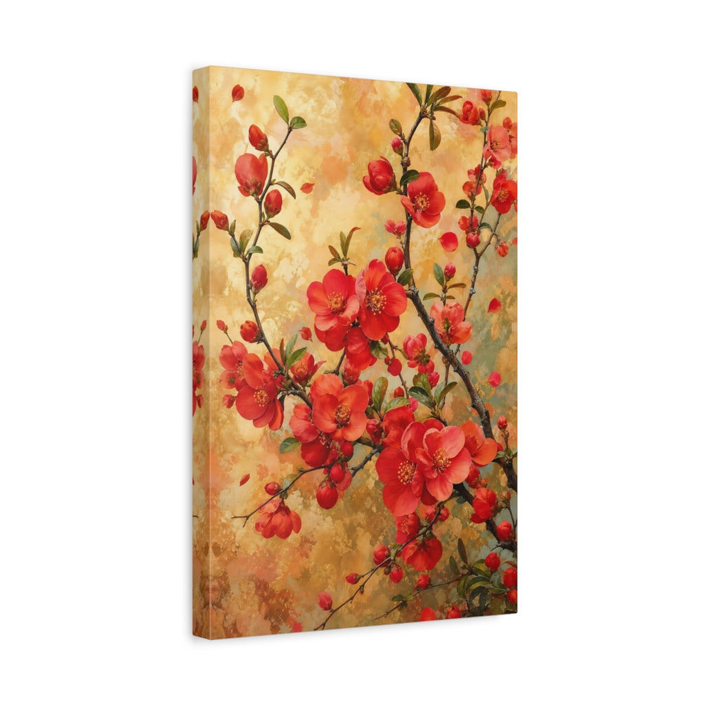 Side Mockup 4. Floral Red Flowers Red And Gold shown as stretched canvas wall art