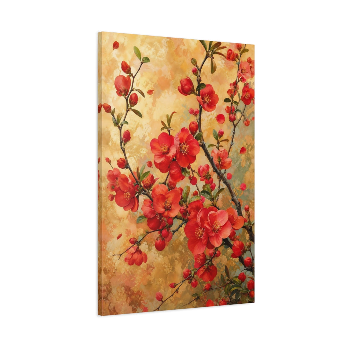 Main Mockup. Floral Red Flowers Red And Gold shown as stretched canvas wall art