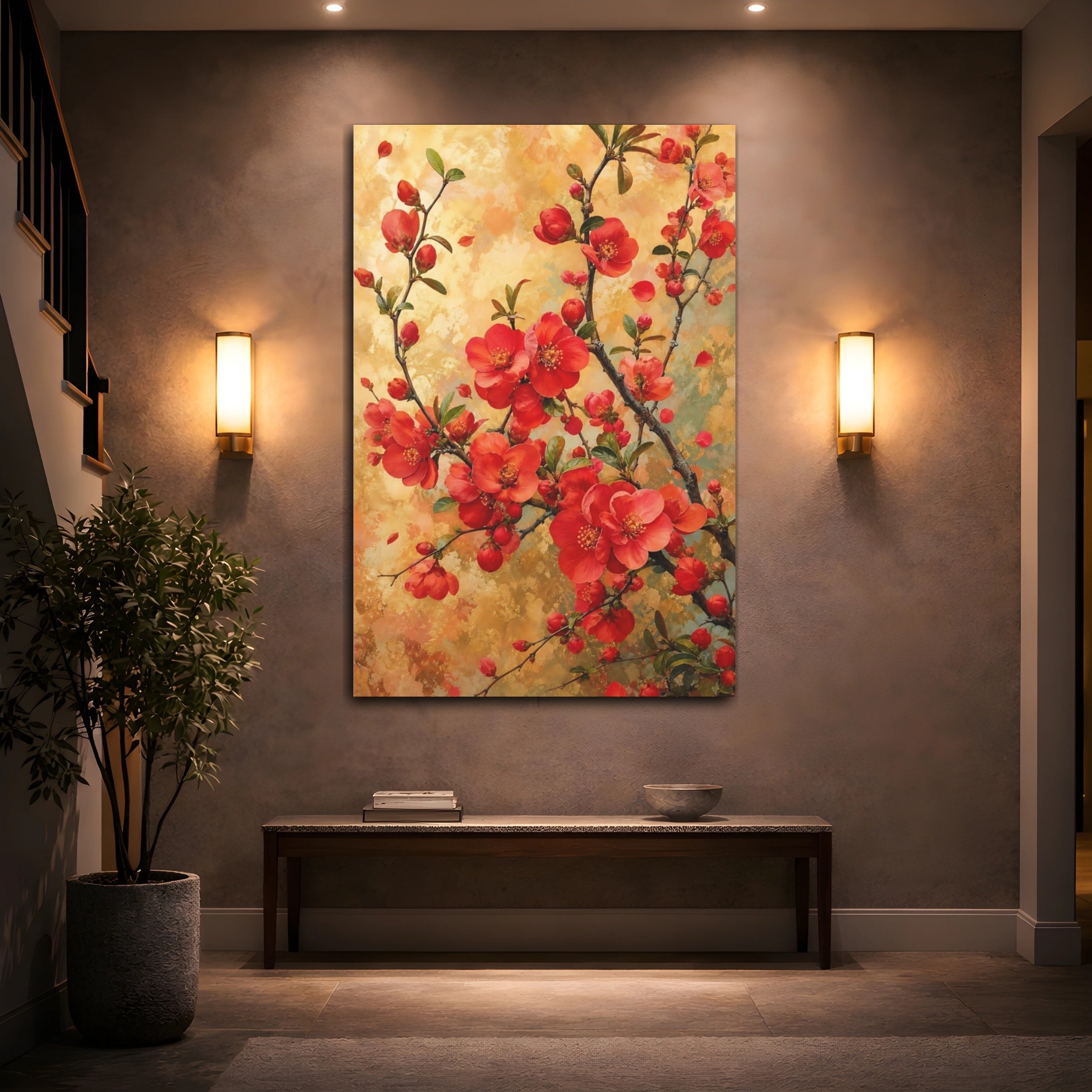 Mockup 2. Floral Red Flowers Red And Gold shown as stretched canvas wall art
