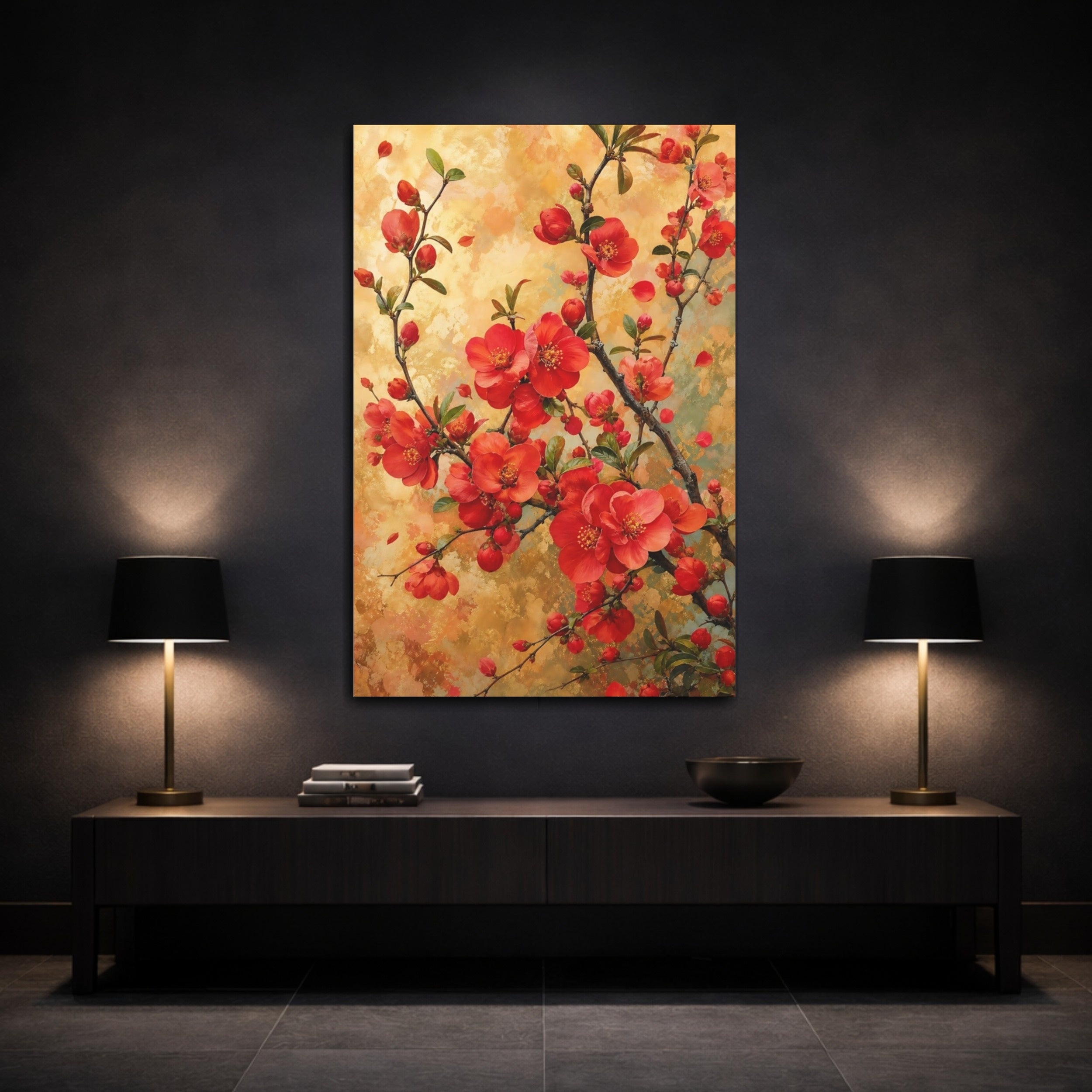 Mockup 3. Floral Red Flowers Red And Gold shown as stretched canvas wall art
