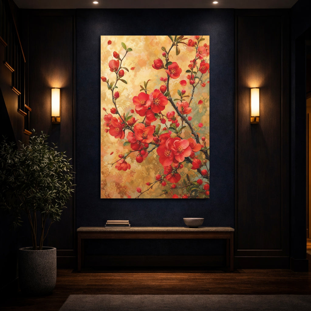 Mockup 4. Floral Red Flowers Red And Gold shown as stretched canvas wall art