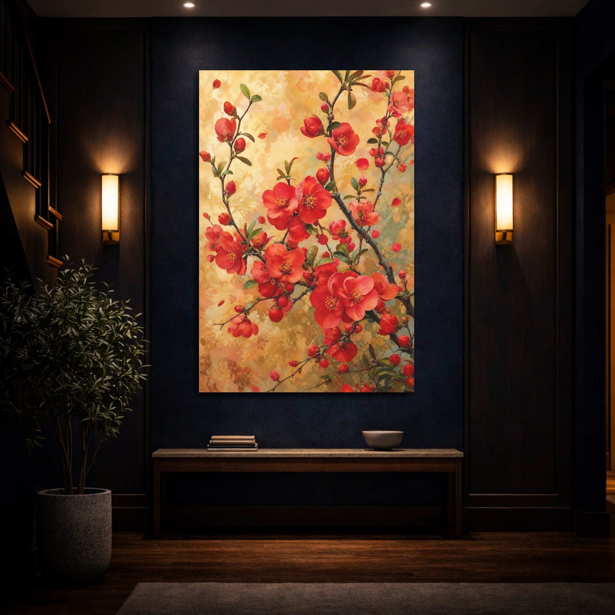 Mockup 4. Floral Red Flowers Red And Gold shown as stretched canvas wall art