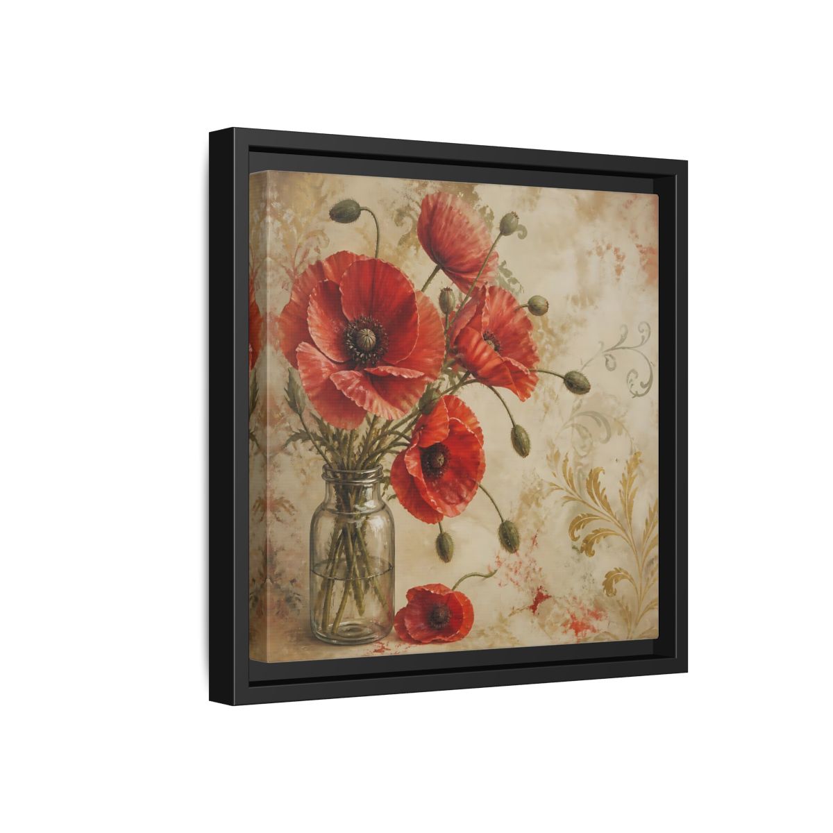 Side Mockup 18. Floral Red Poppies Red Poppies And Gold shown as stretched canvas wall art